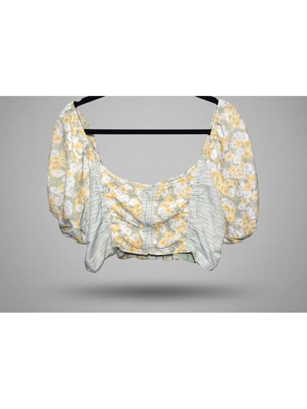American Eagle Sage Green Floral Smocked Puff Sleeve Crop Top Plus Size XXL